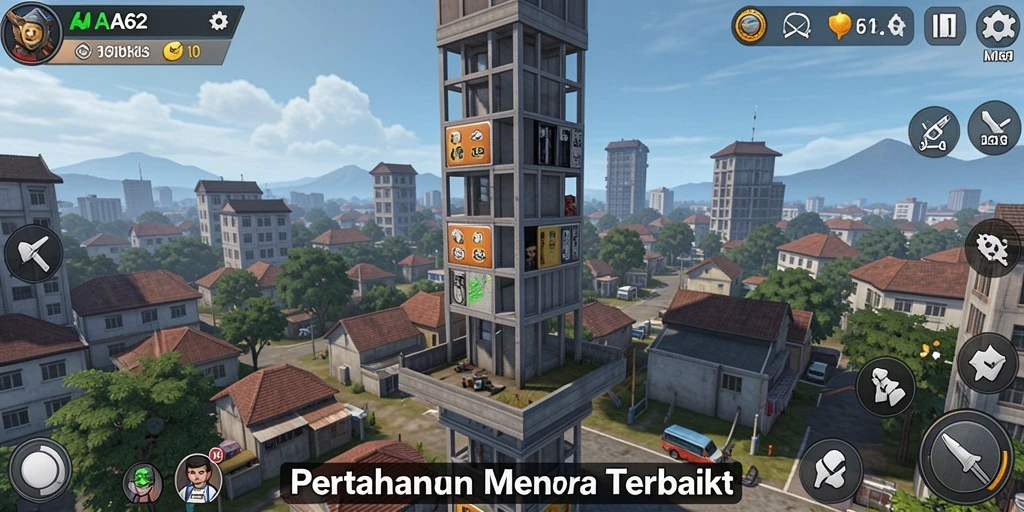 Screenshot gameplay AA62 dengan menara pertahanan yang strategis.
