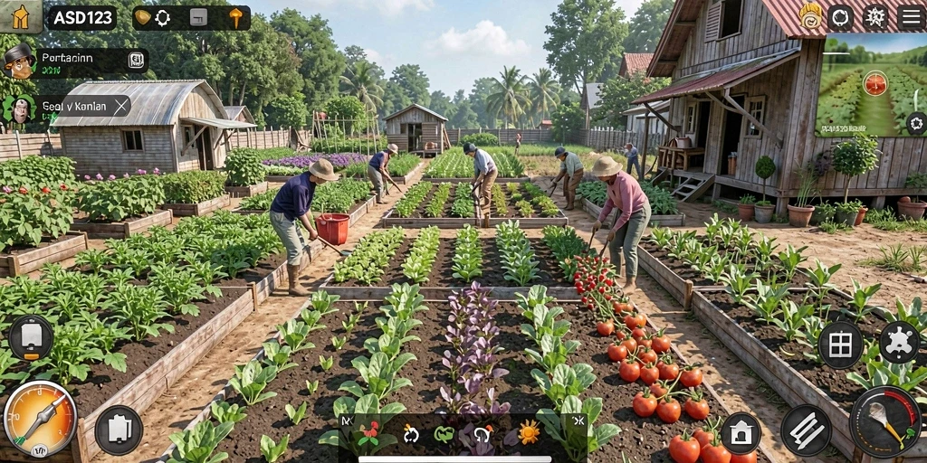 Screenshot gameplay ASD123 menampilkan ladang yang subur dengan tanaman hijau dan hewan ternak.